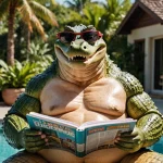 cocodrilo leyendo una revista en la piscina